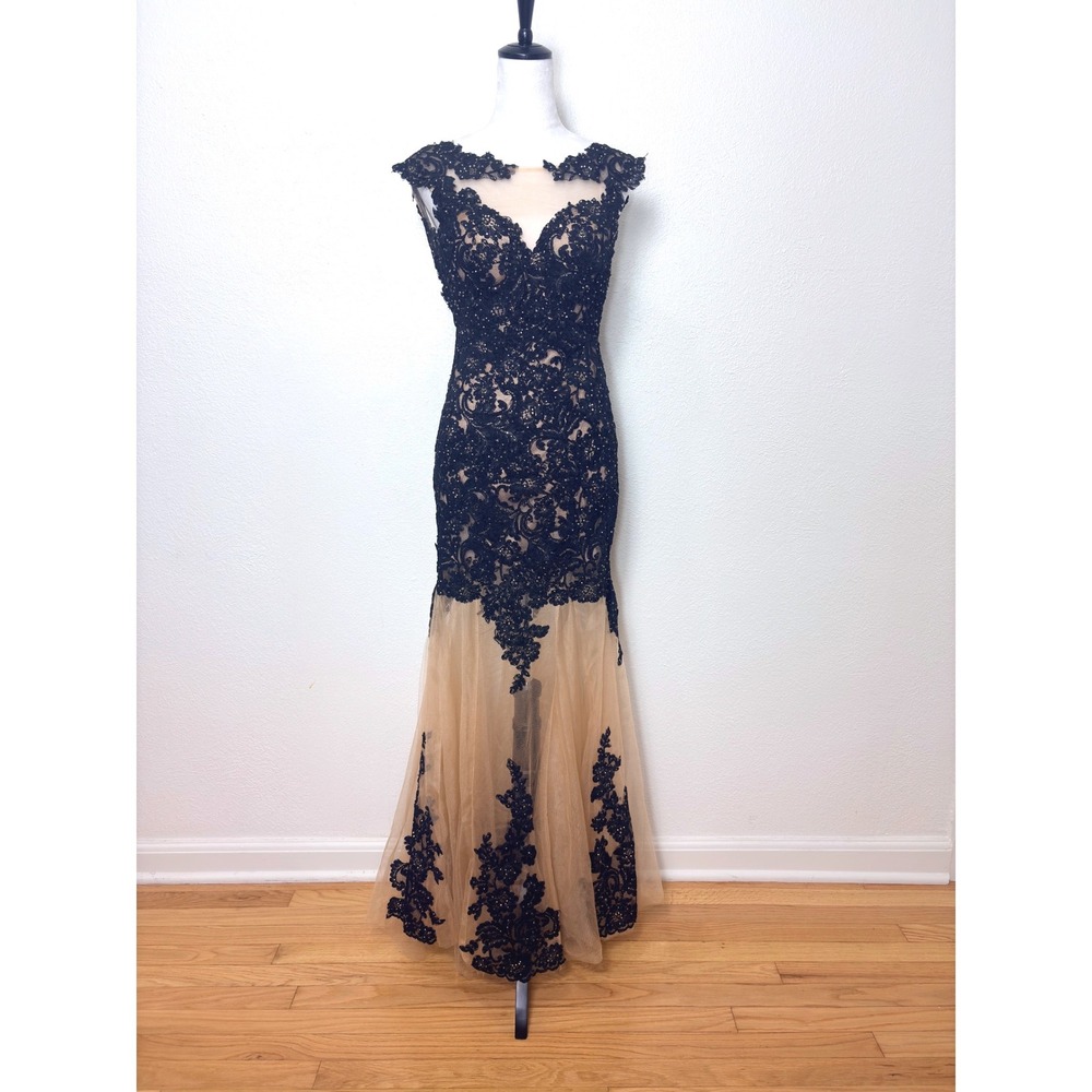 Dave & Johnny Black Floral Lace & Tulle Embellished Mermaid Maxi Dress Size 1/2